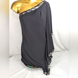 Betsy & Adam Black One Shoulder Cape Dress Sequin Trim Size 14